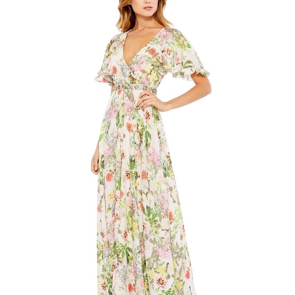 NWT MAC DUGGAL FLORAL PRINT FAUX WRAP FLUTTER SLEEVE A-LINE GOWN  9079 - Picture 2 of 9